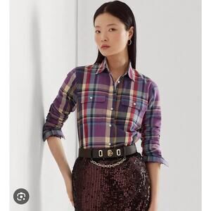 Lauren Ralph Lauren Plaid Leather Elbow Long Sleeve Shirt Shirt small